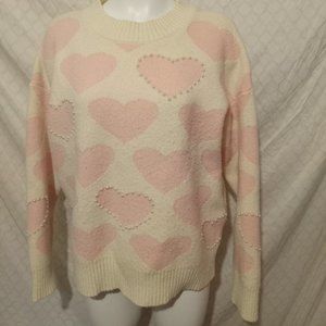 PEARL DETAIL PINK HEART PATTERN SWEATER